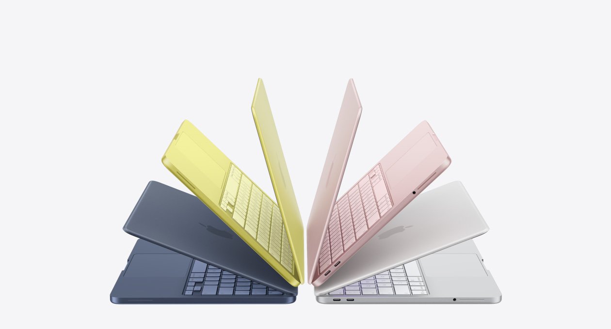 MacBook Air M2 four colors fanned - Midnight Yellow Pink Silver Starlight official Apple render